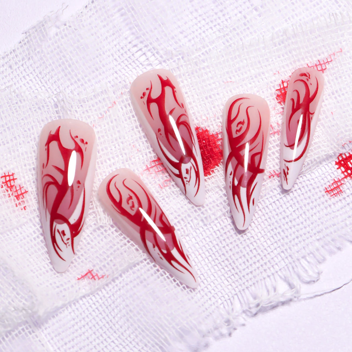 Repeatable wearable Halloween manicure French long pointed red flame smudge 365nails – Image 2