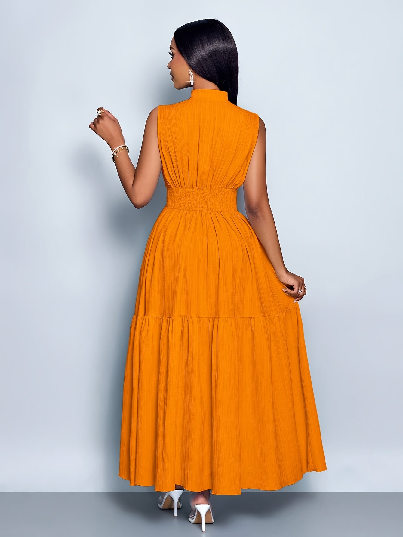 Women’s Elegant Textured Maxi Dress with Stand Collar