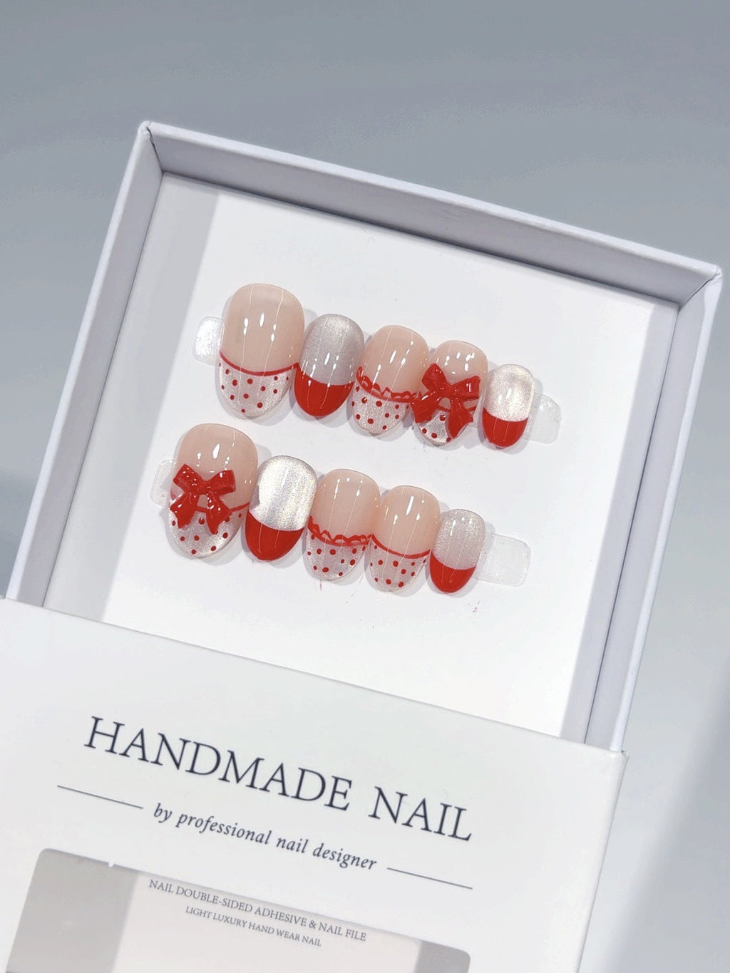 Cherry Dot: "Lace Bow" – Short Round Press-On Nails