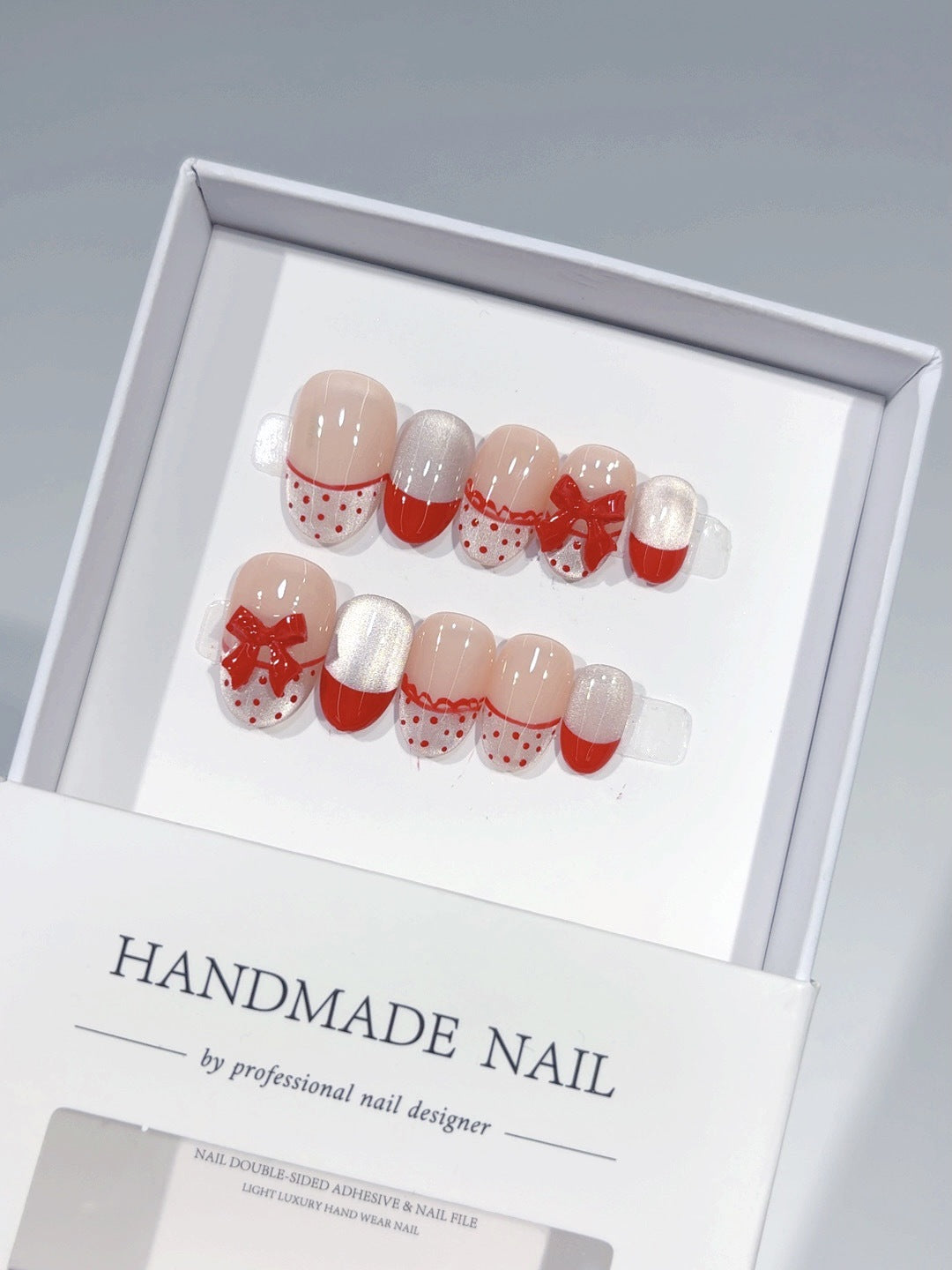 Cherry Dot: "Lace Bow" – Short Round Press-On Nails