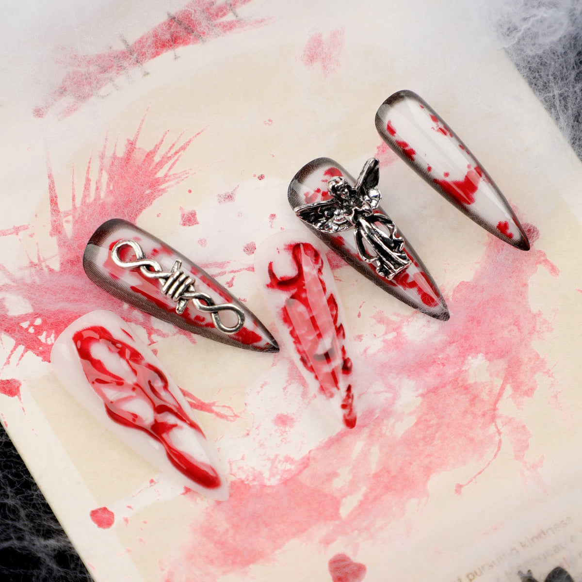 Halloween extra long pointed nail art, hot-selling angels in Europe and America, wearing nail 3D smudging fake – Image 2