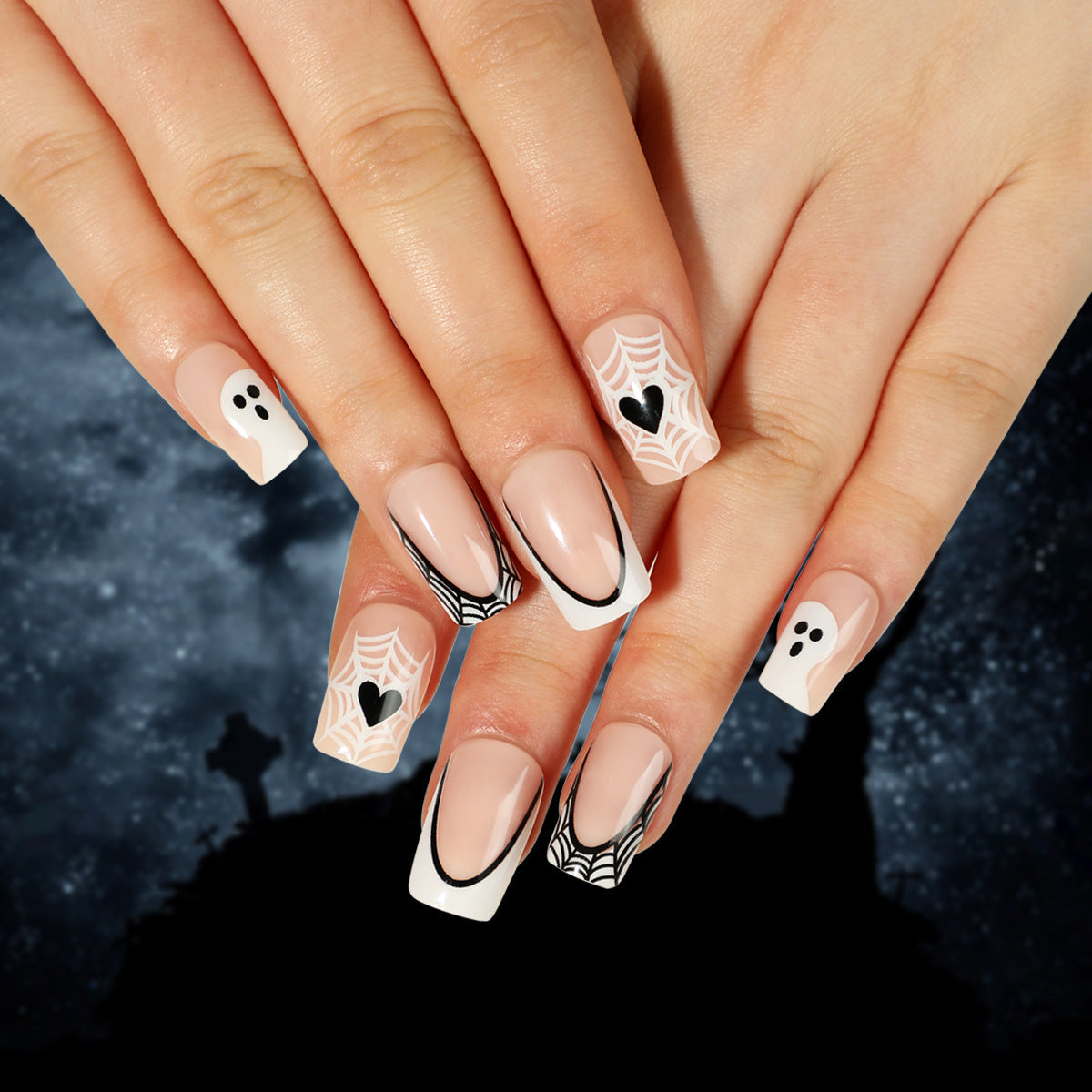Nail Patch Wear Nail Halloween Nail Art White French Black Edge Ghost Love Cobweb Wear Nail Art 365nails