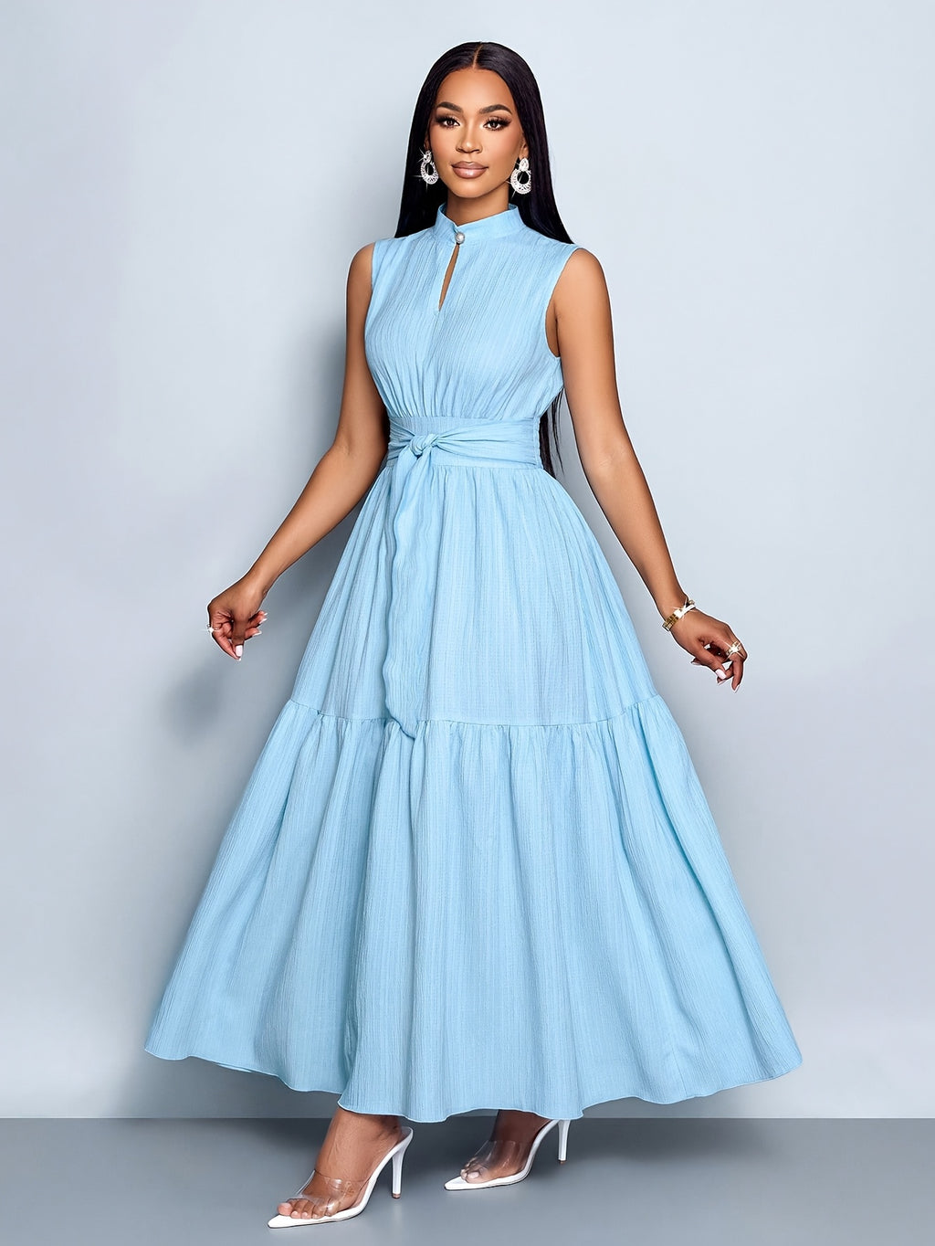Women’s Elegant Textured Maxi Dress with Stand Collar