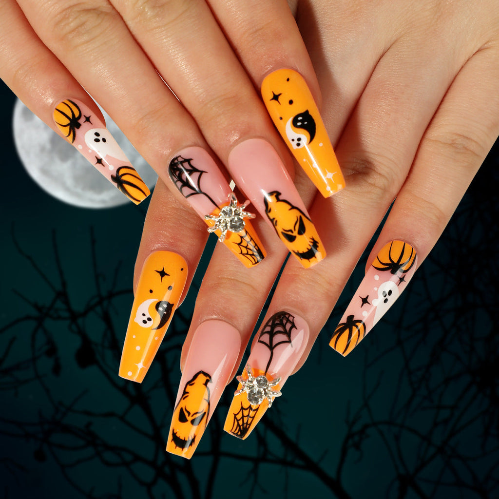 Nail Piece Wear Nail Halloween Nail Art Spider Rhinestone Spider Web White Ghost Pumpkin Press on nails 365nails