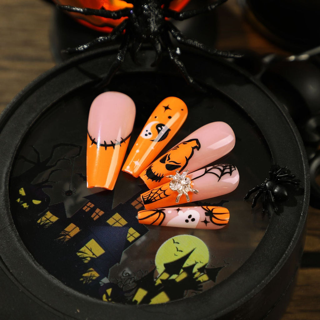 Nail Piece Wear Nail Halloween Nail Art Spider Rhinestone Spider Web White Ghost Pumpkin Press on nails 365nails – Image 3