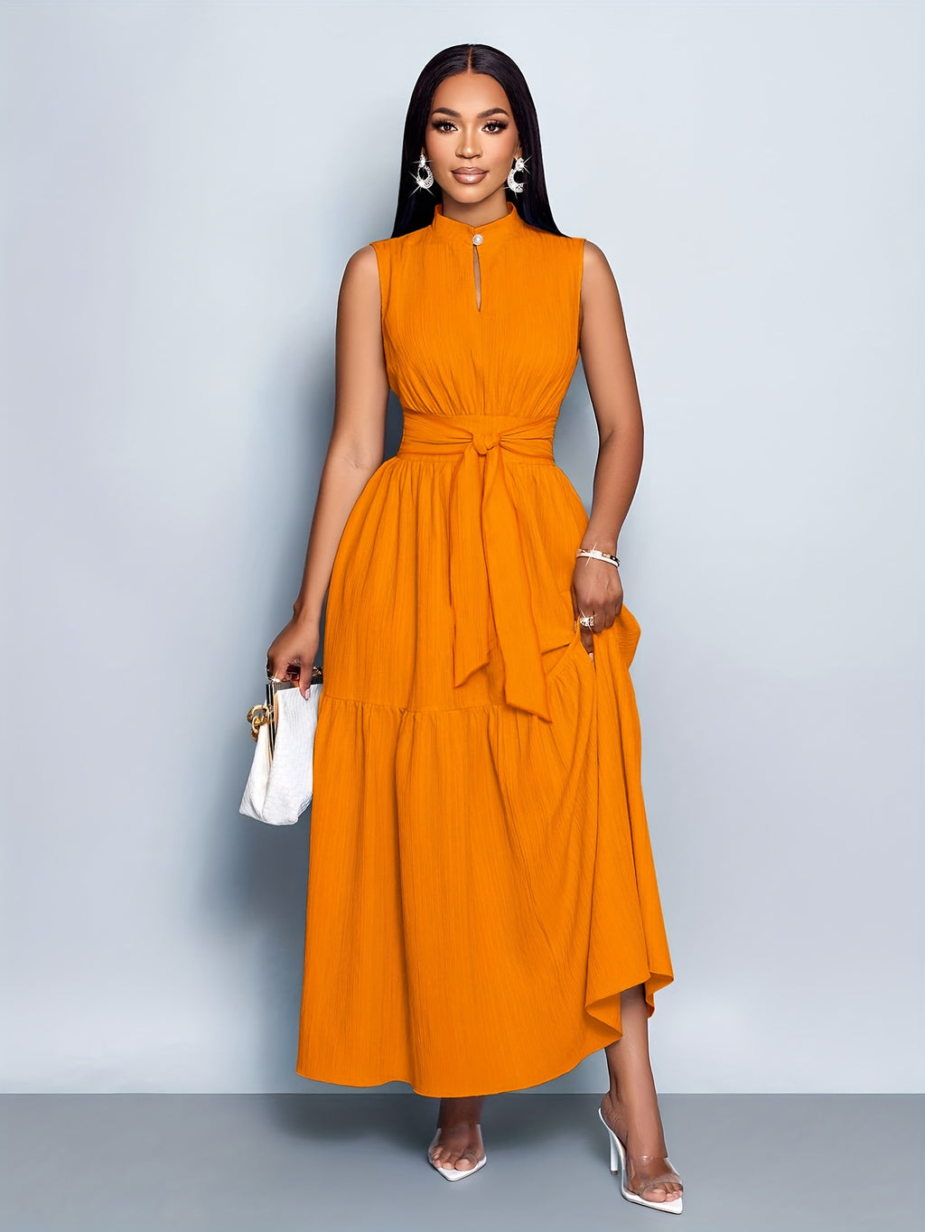 Women’s Elegant Textured Maxi Dress with Stand Collar