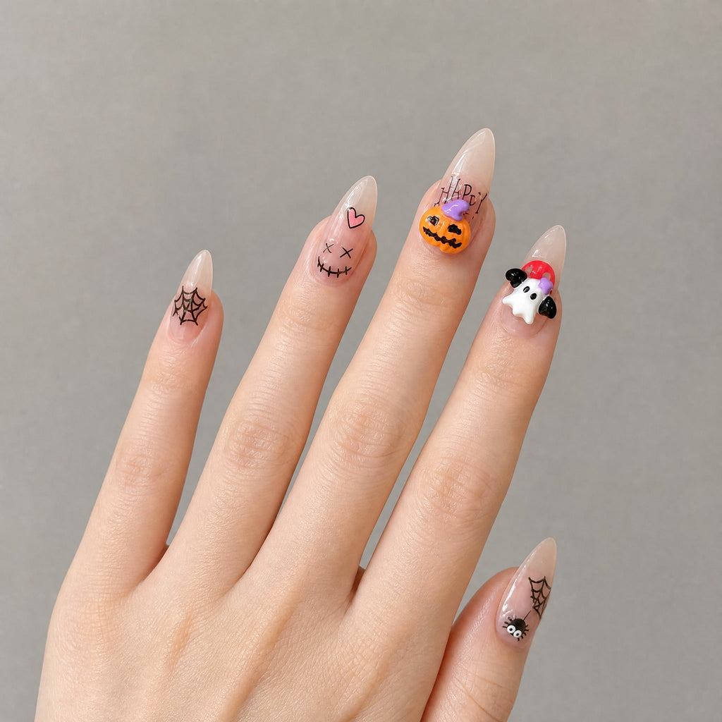 Halloween ghost pumpkin web stiletto press on nails worn on hand