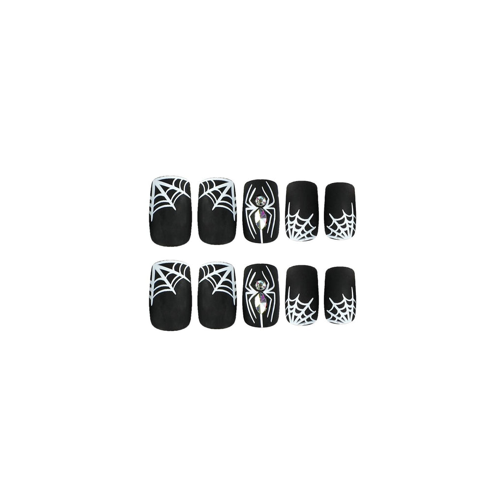 Nail Piece Wearing Nail Halloween Nail Art Black Frosted White Spider Web Rhinestone Nail Art Piece Removable nail – Image 8