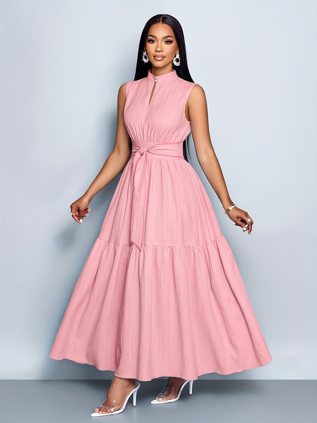 Women’s Elegant Textured Maxi Dress with Stand Collar