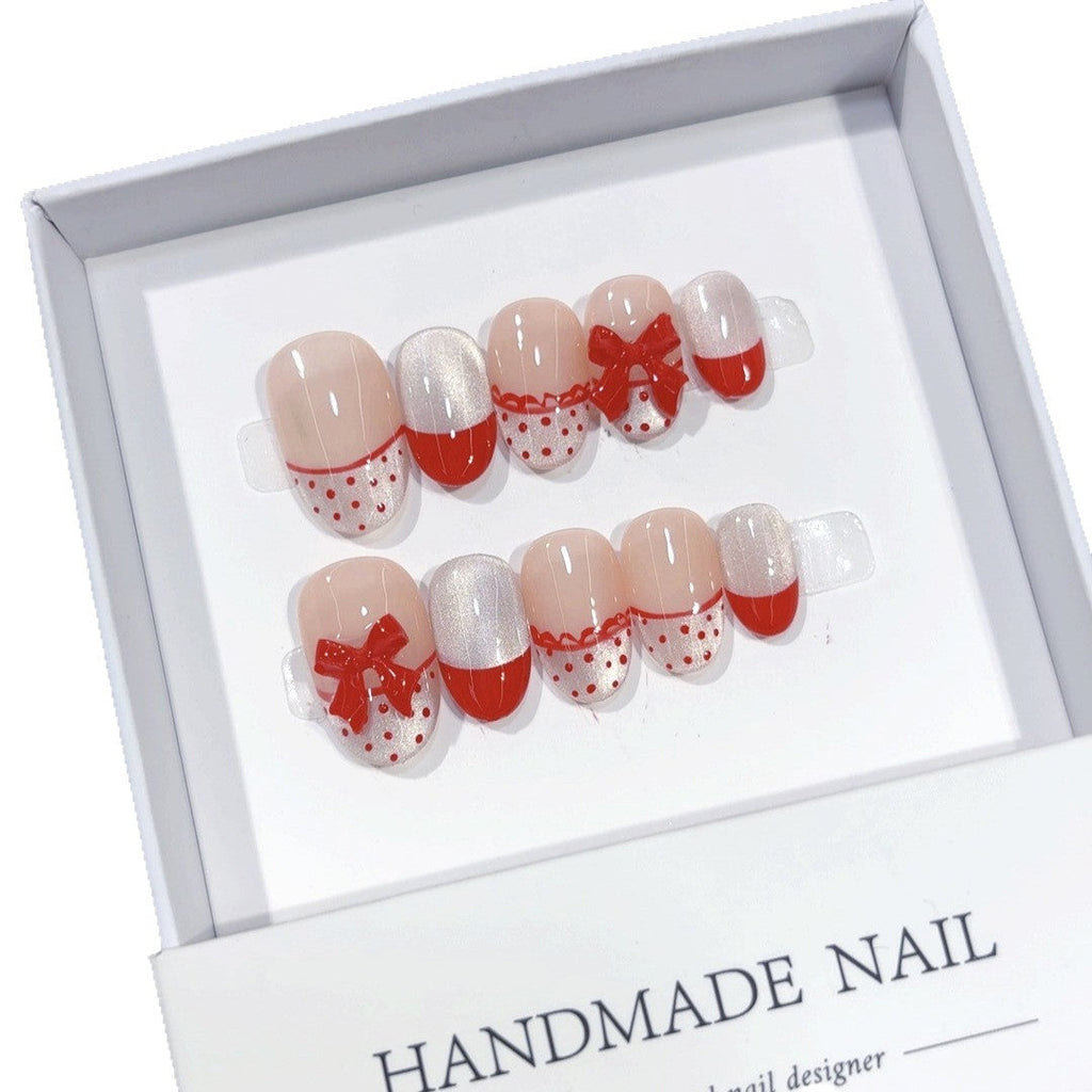 Cherry Dot: "Lace Bow" – Short Round Press-On Nails