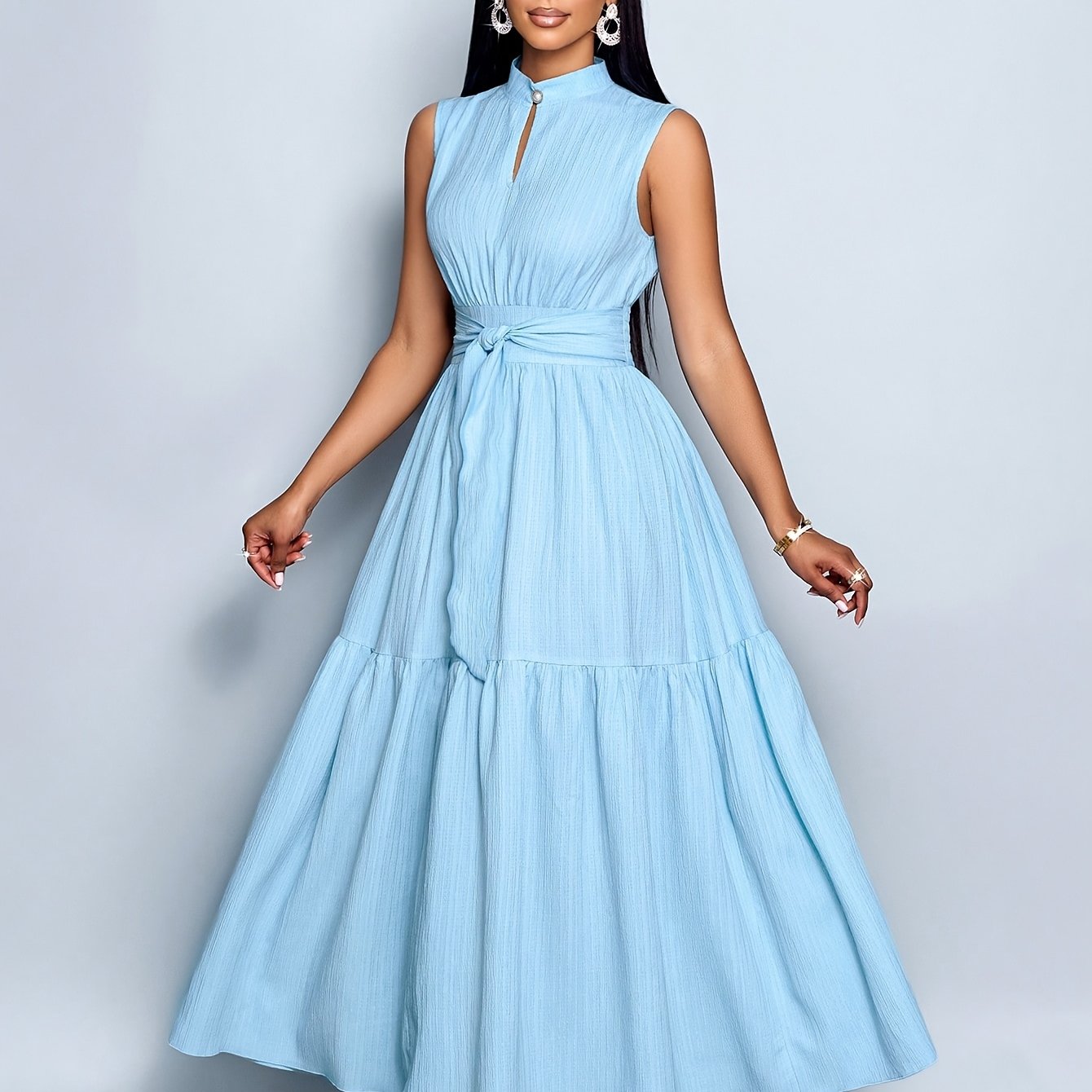 Women’s Elegant Textured Maxi Dress with Stand Collar