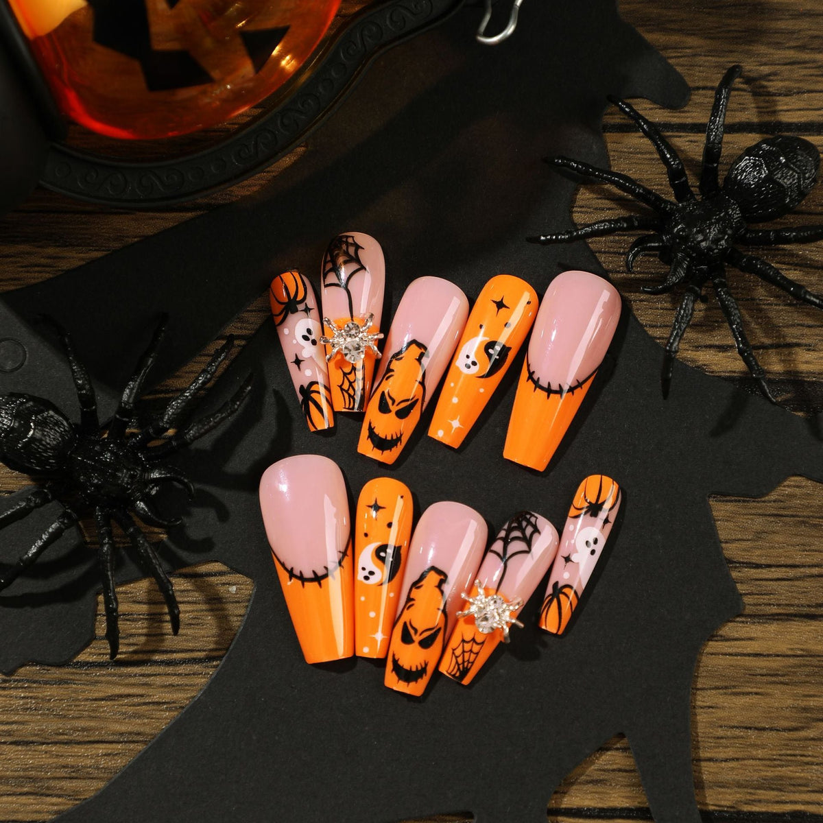 Nail Piece Wear Nail Halloween Nail Art Spider Rhinestone Spider Web White Ghost Pumpkin Press on nails 365nails – Image 2