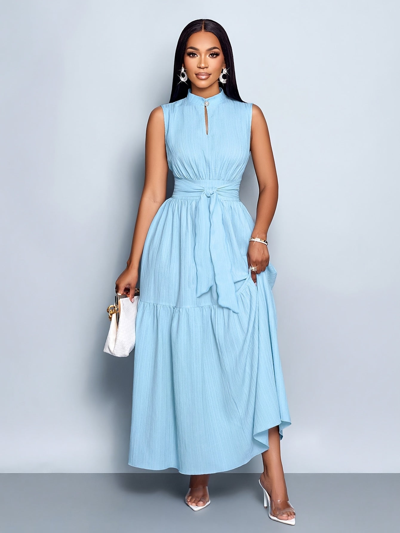 Women’s Elegant Textured Maxi Dress with Stand Collar