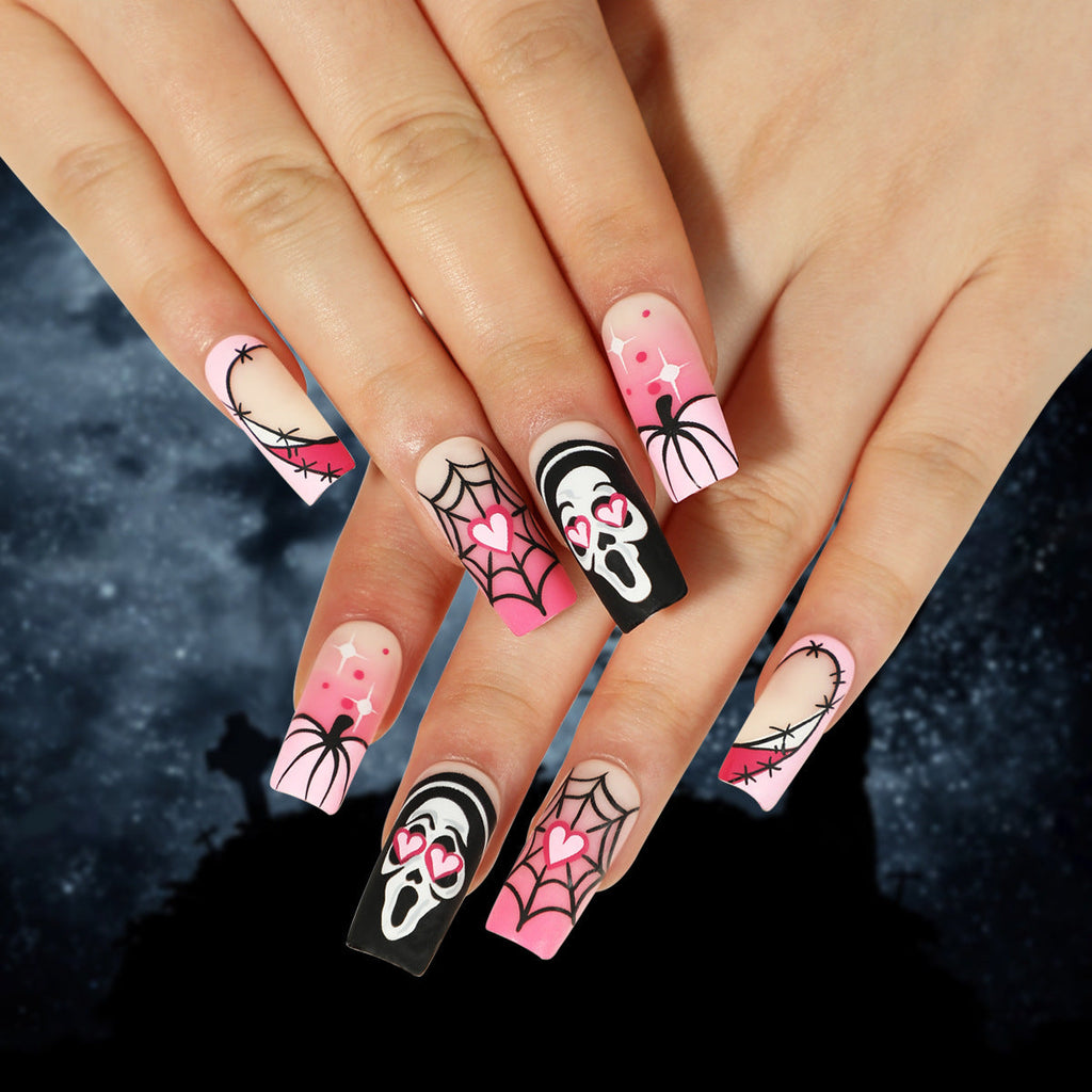Nail piece Wear nail Halloween nail art pink gradual change love pumpkin spider web skeleton press on nails 365nails