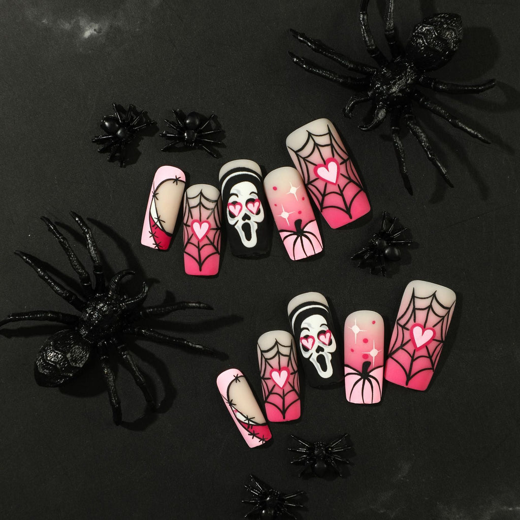 Nail piece Wear nail Halloween nail art pink gradual change love pumpkin spider web skeleton press on nails – Image 2