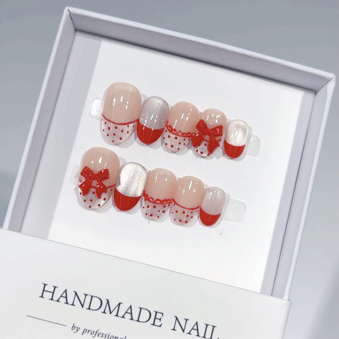 Cherry Dot: "Lace Bow" – Short Round Press-On Nails