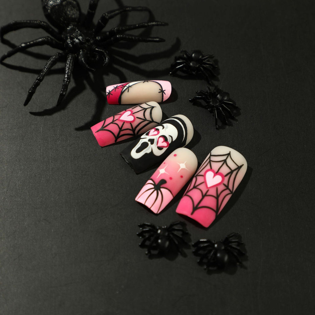 Nail piece Wear nail Halloween nail art pink gradual change love pumpkin spider web skeleton press on nails – Image 3