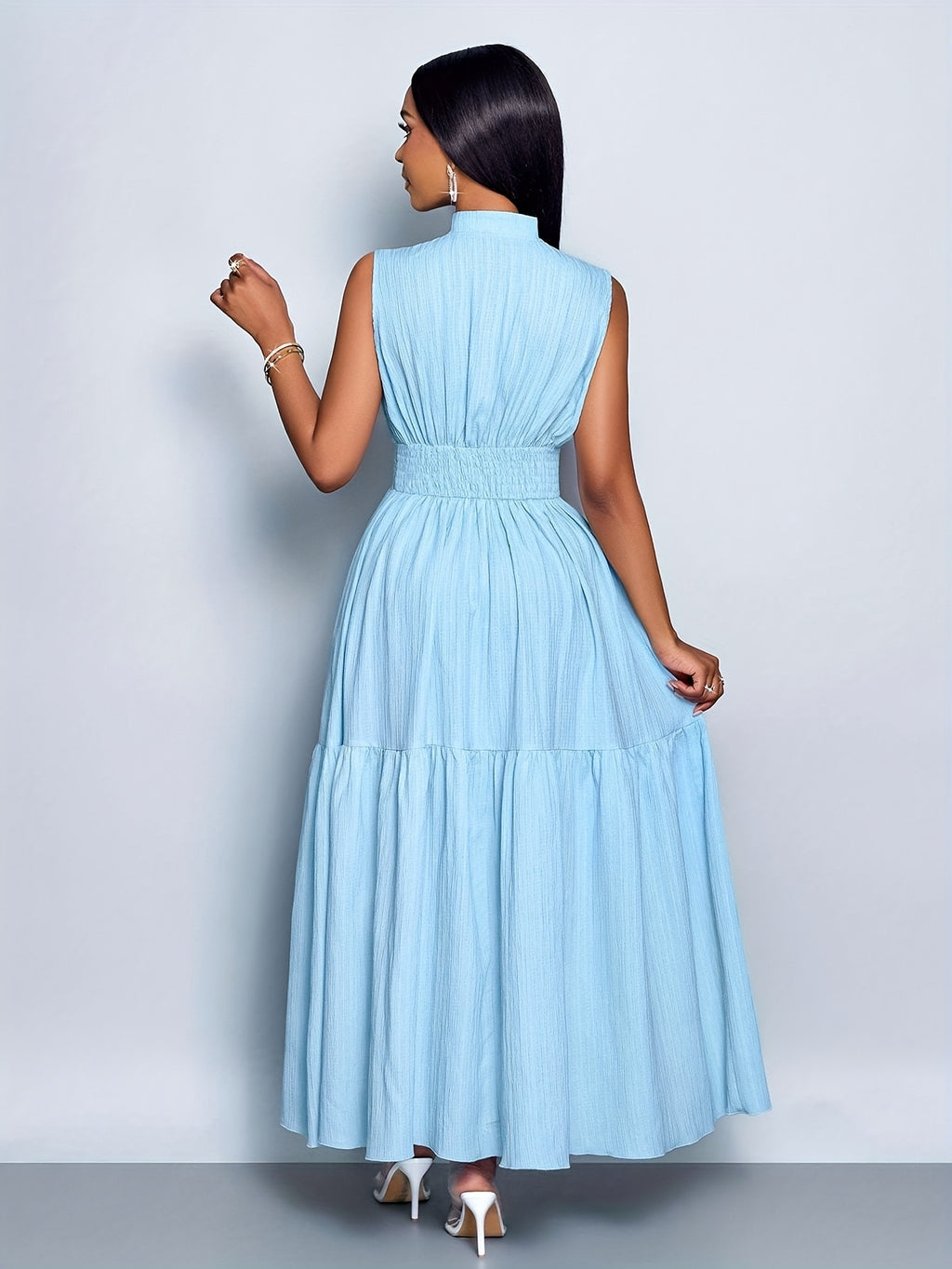 Women’s Elegant Textured Maxi Dress with Stand Collar