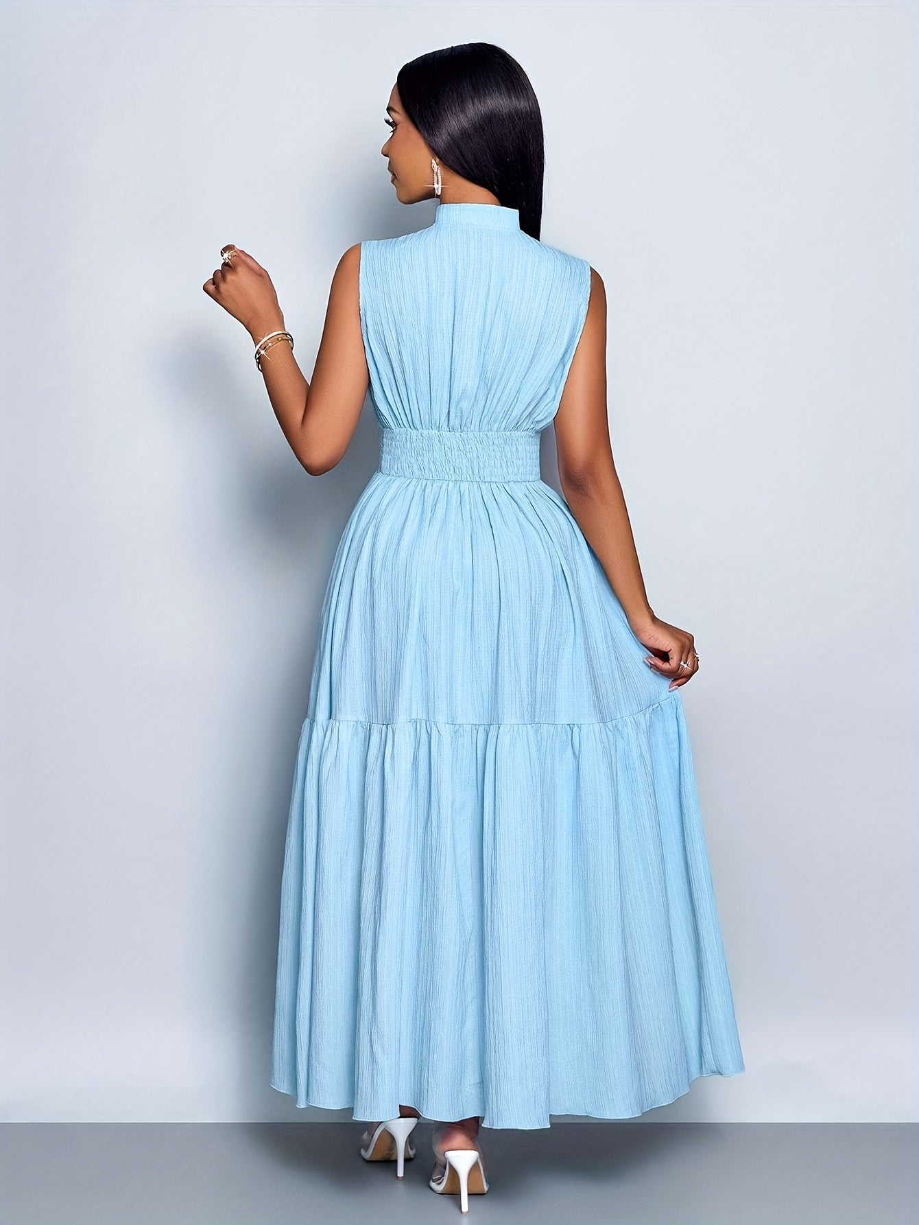 Women’s Elegant Textured Maxi Dress with Stand Collar