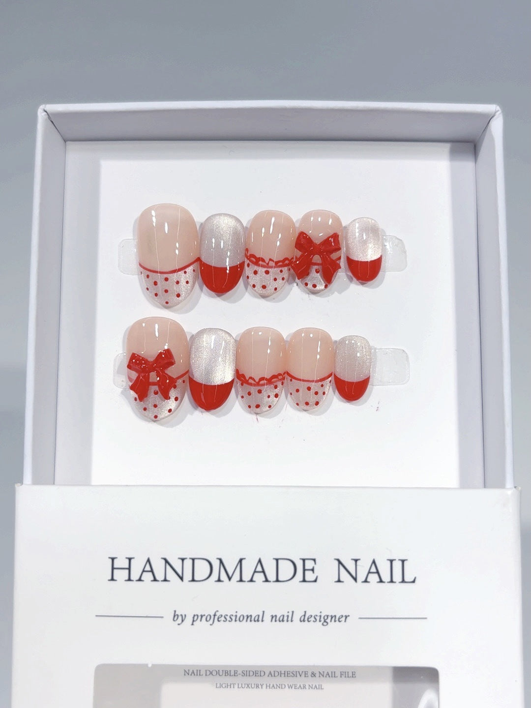 Cherry Dot: "Lace Bow" – Short Round Press-On Nails