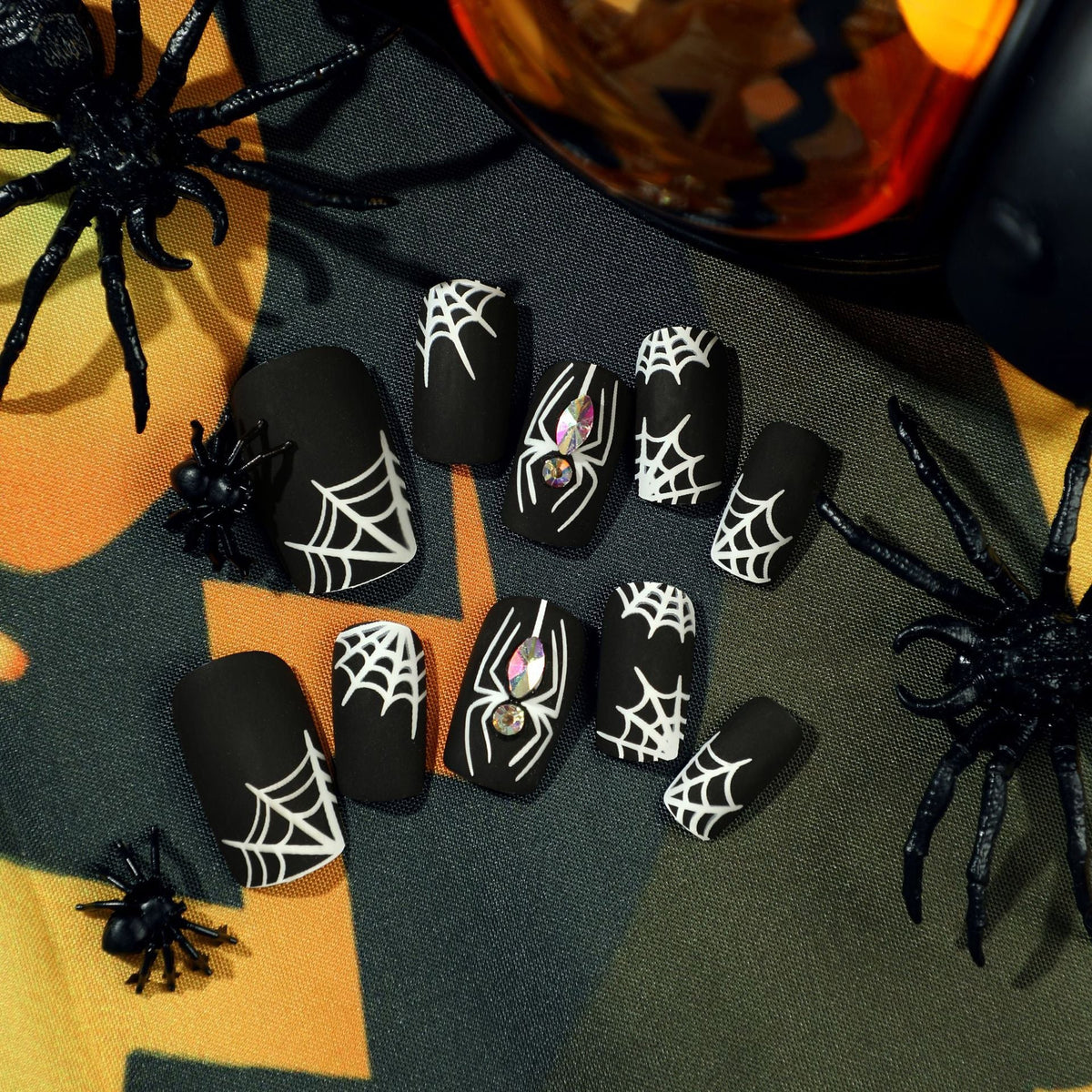 Nail Piece Wearing Nail Halloween Nail Art Black Frosted White Spider Web Rhinestone Nail Art Piece Removable nail – Image 5