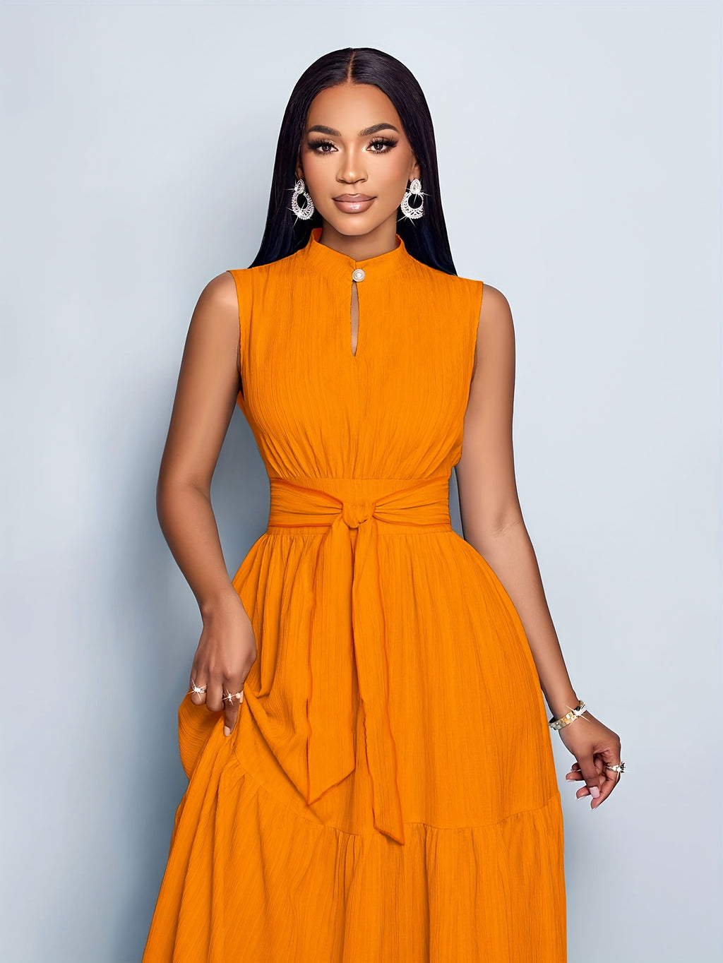 Women’s Elegant Textured Maxi Dress with Stand Collar