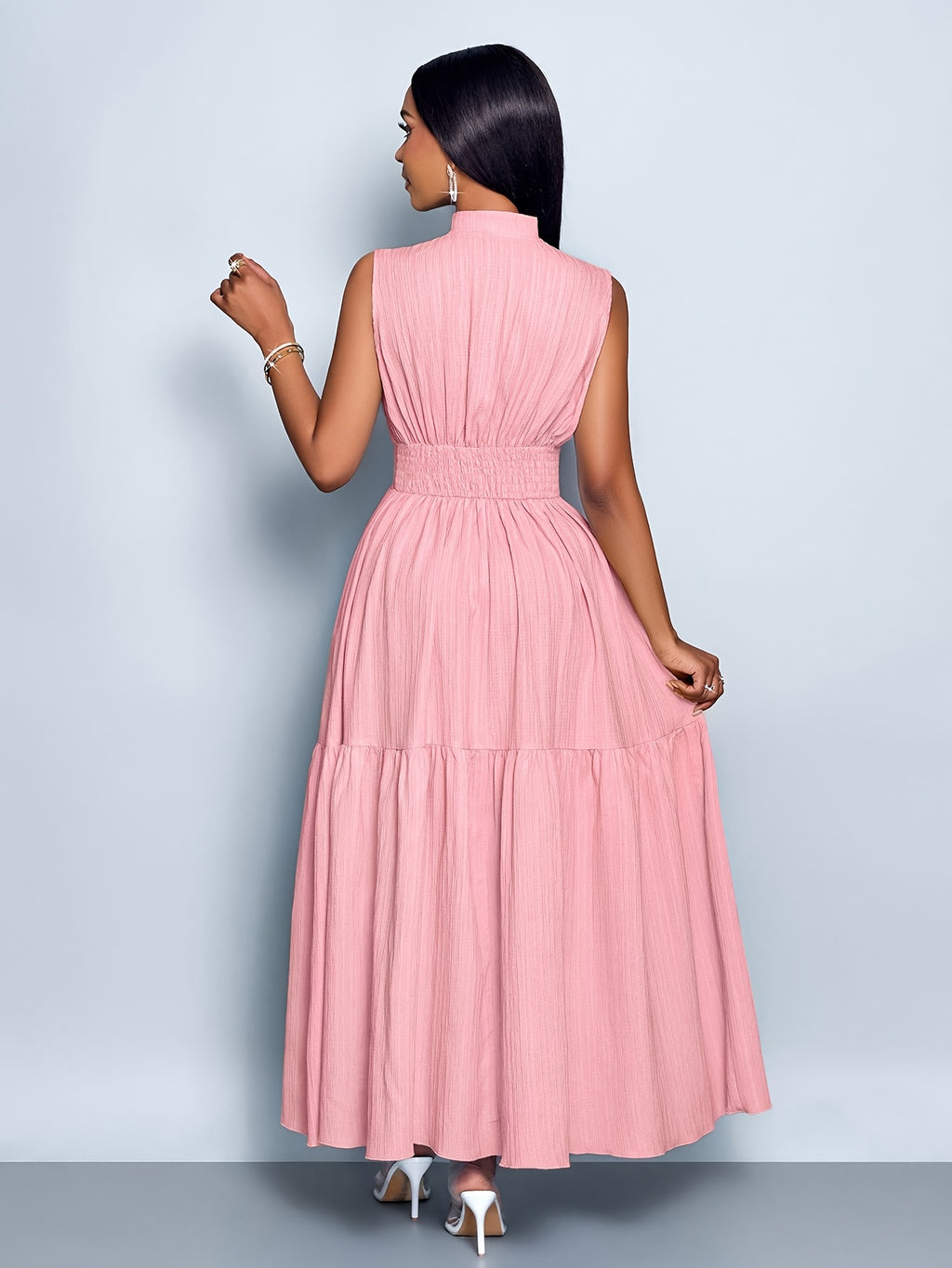 Women’s Elegant Textured Maxi Dress with Stand Collar