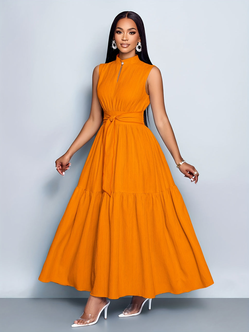 Women’s Elegant Textured Maxi Dress with Stand Collar