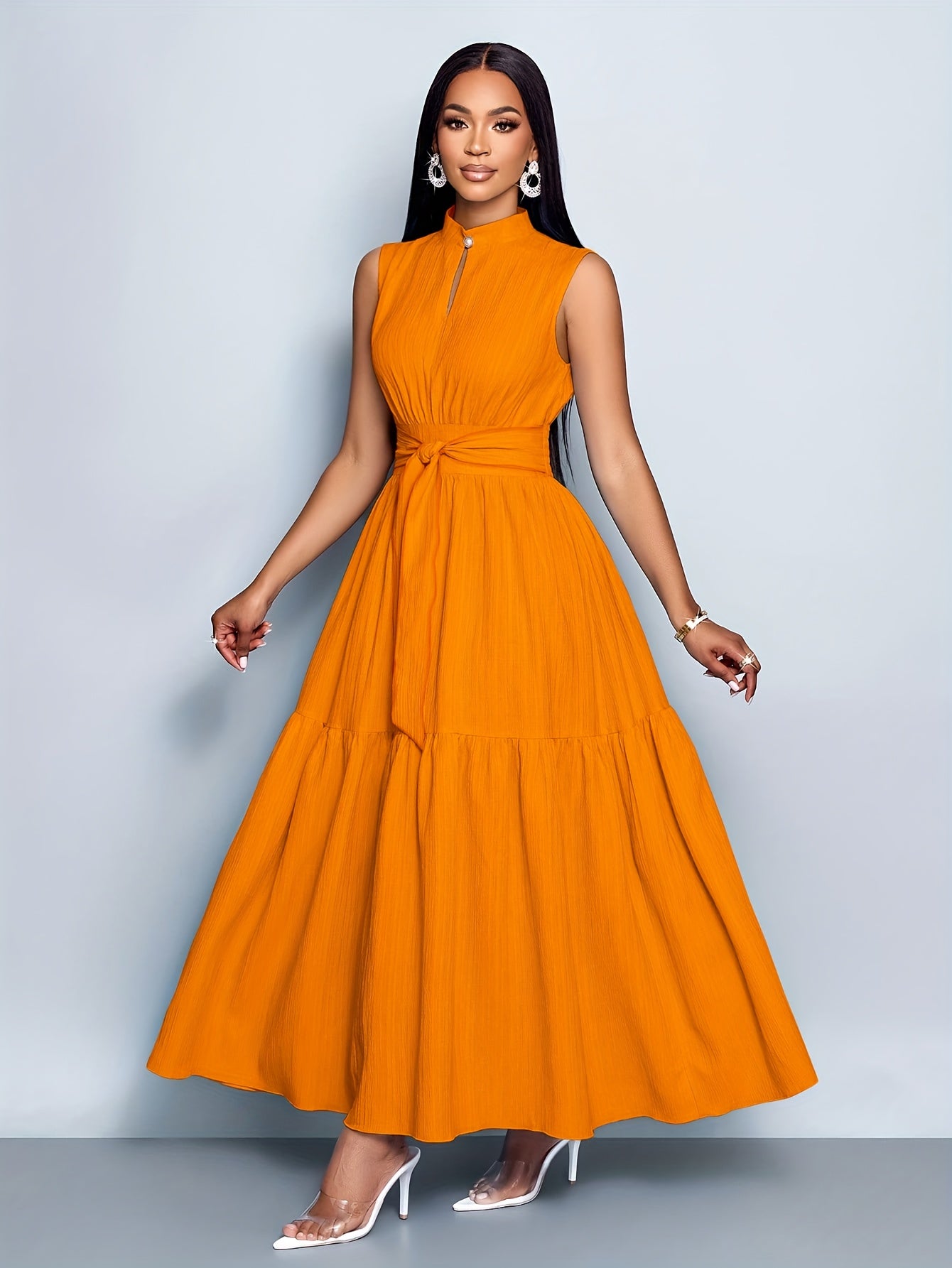 Women’s Elegant Textured Maxi Dress with Stand Collar