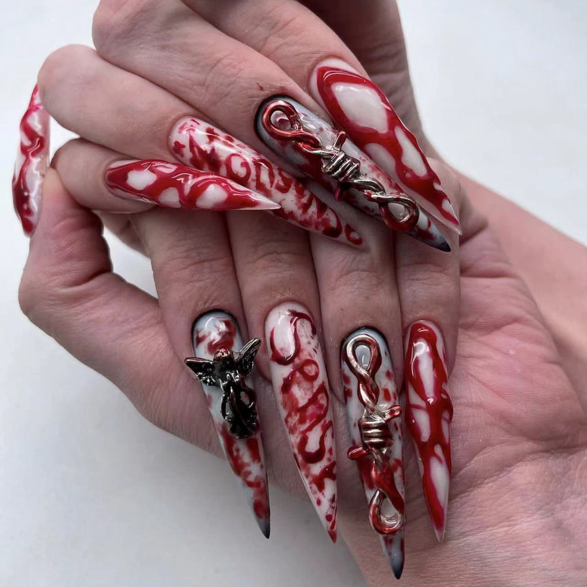 Halloween extra long pointed nail art, hot-selling angels in Europe and America, wearing nail 3D smudging fake nails press
