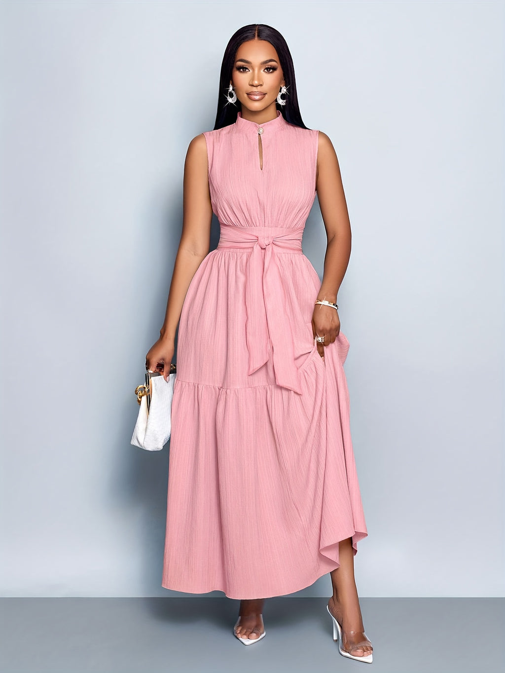 Women’s Elegant Textured Maxi Dress with Stand Collar