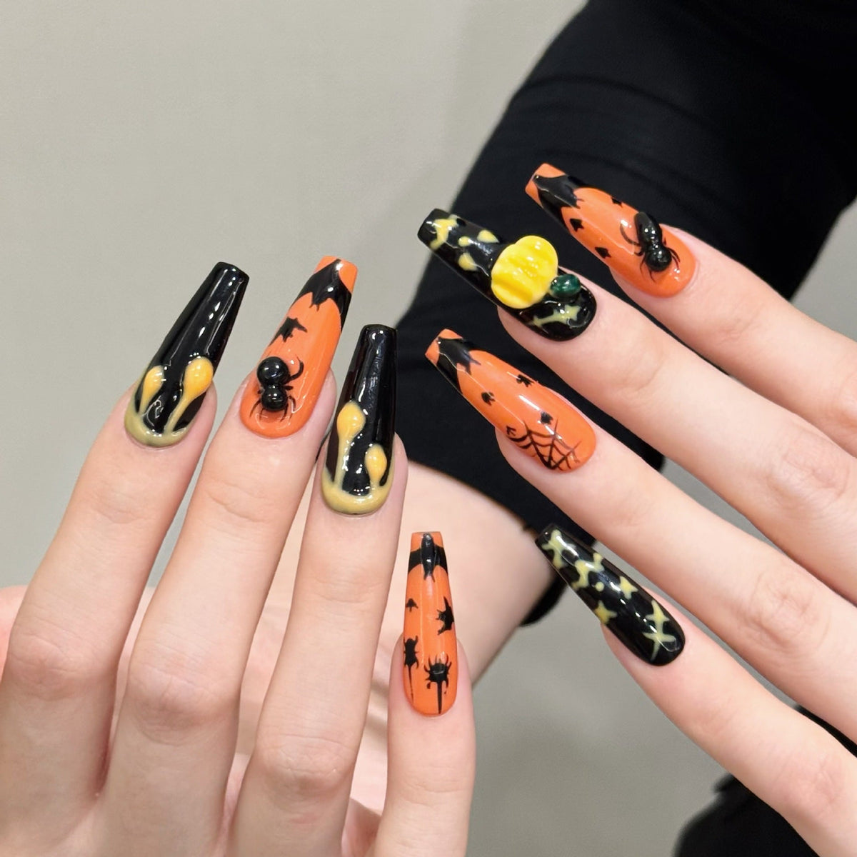Halloween Pumpkin Spider Black Orange Press On Nails – Image 6