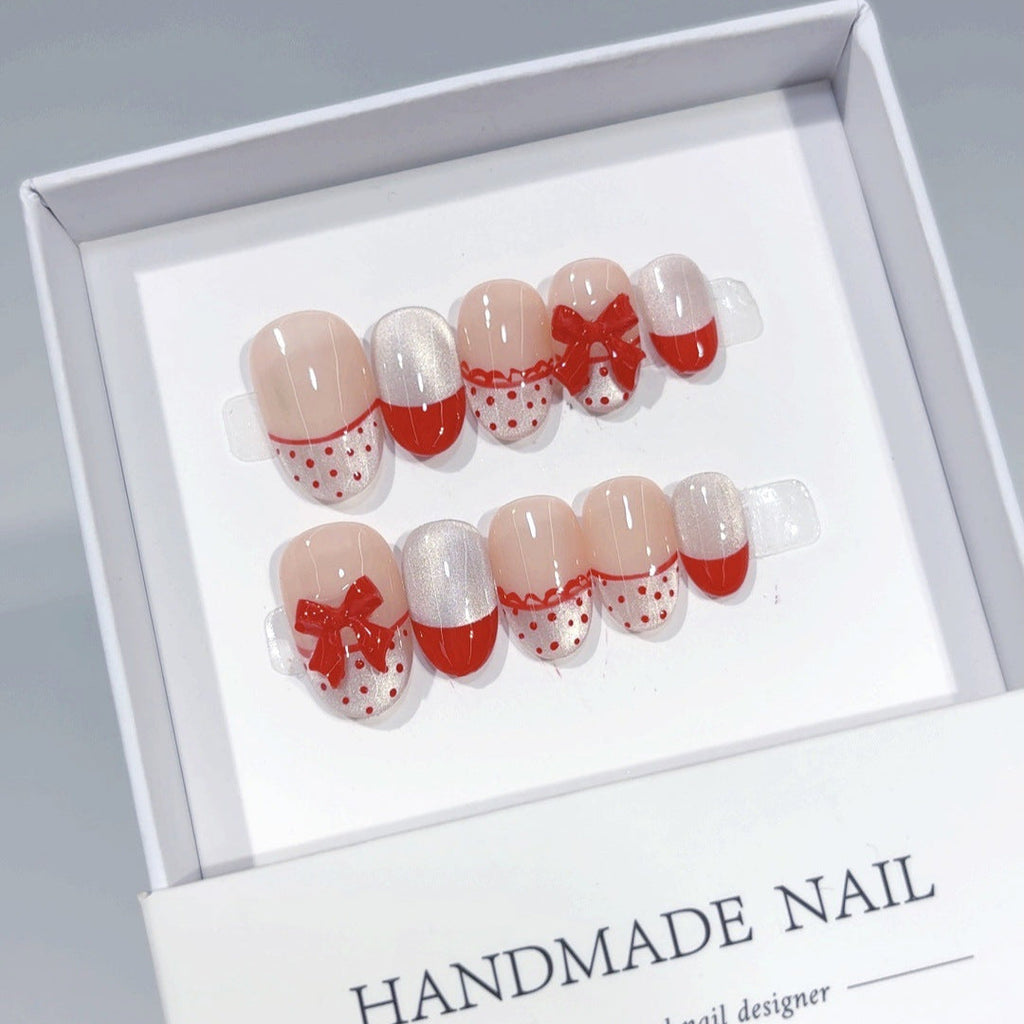 Cherry Dot: "Lace Bow" – Short Round Press-On Nails