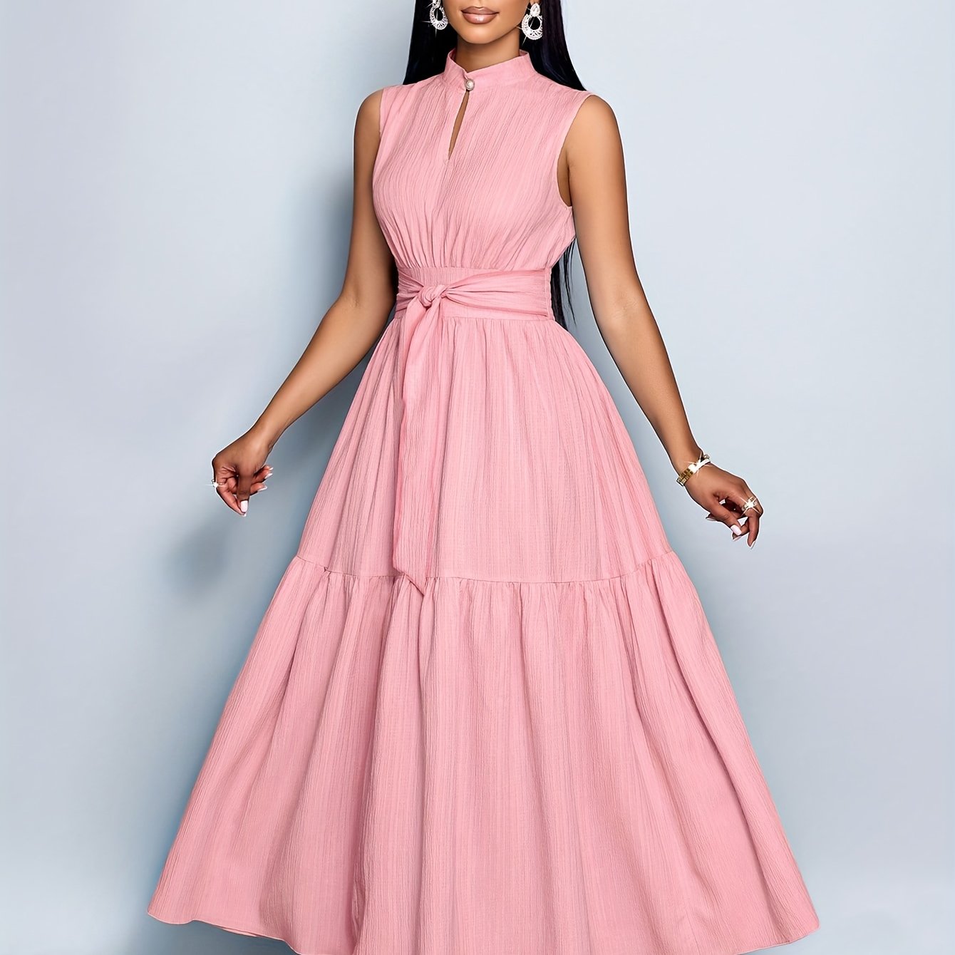 Women’s Elegant Textured Maxi Dress with Stand Collar