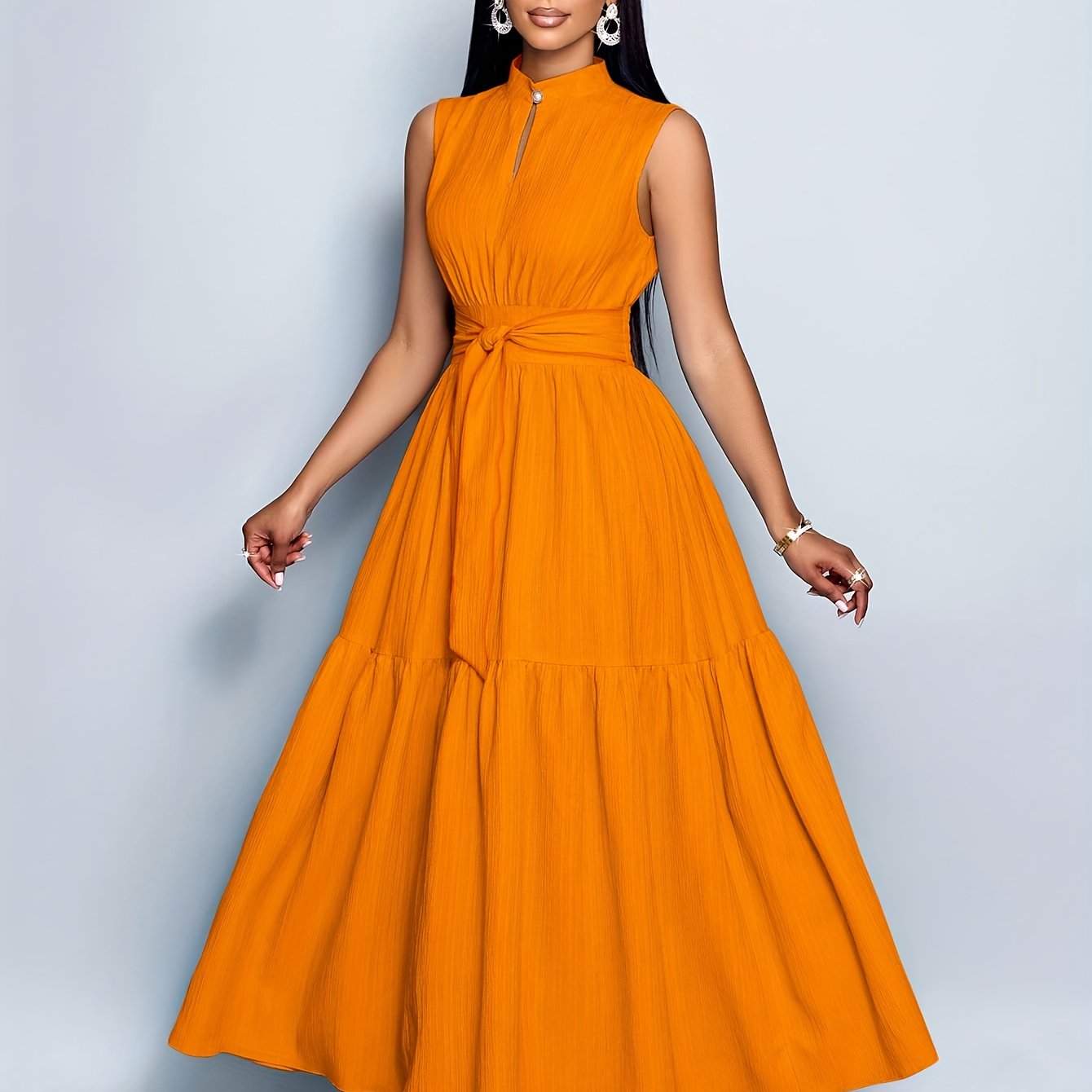 Women’s Elegant Textured Maxi Dress with Stand Collar