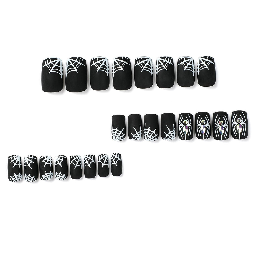 Nail Piece Wearing Nail Halloween Nail Art Black Frosted White Spider Web Rhinestone Nail Art Piece Removable nail – Image 7