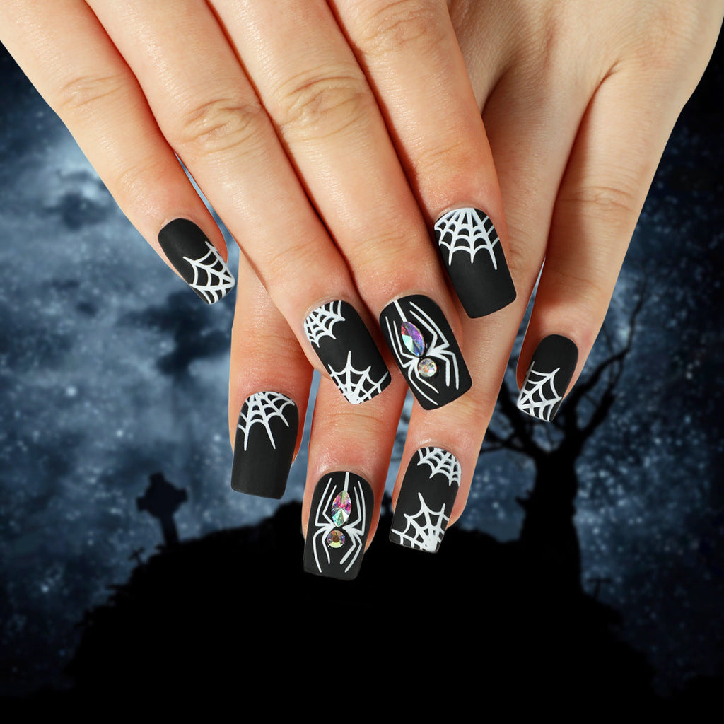 Nail Piece Wearing Nail Halloween Nail Art Black Frosted White Spider Web Rhinestone Nail Art Piece Removable nail 365nails